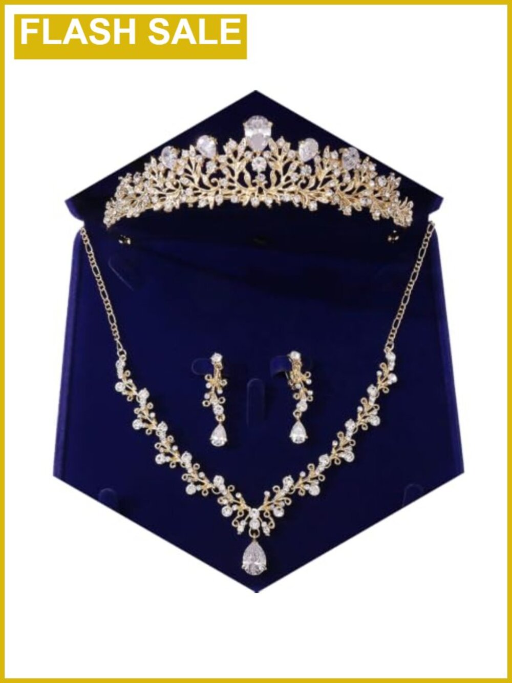 Gold Bridal Jewelry Set with Crystal Tiara Necklace Earrings for Wedding Prom